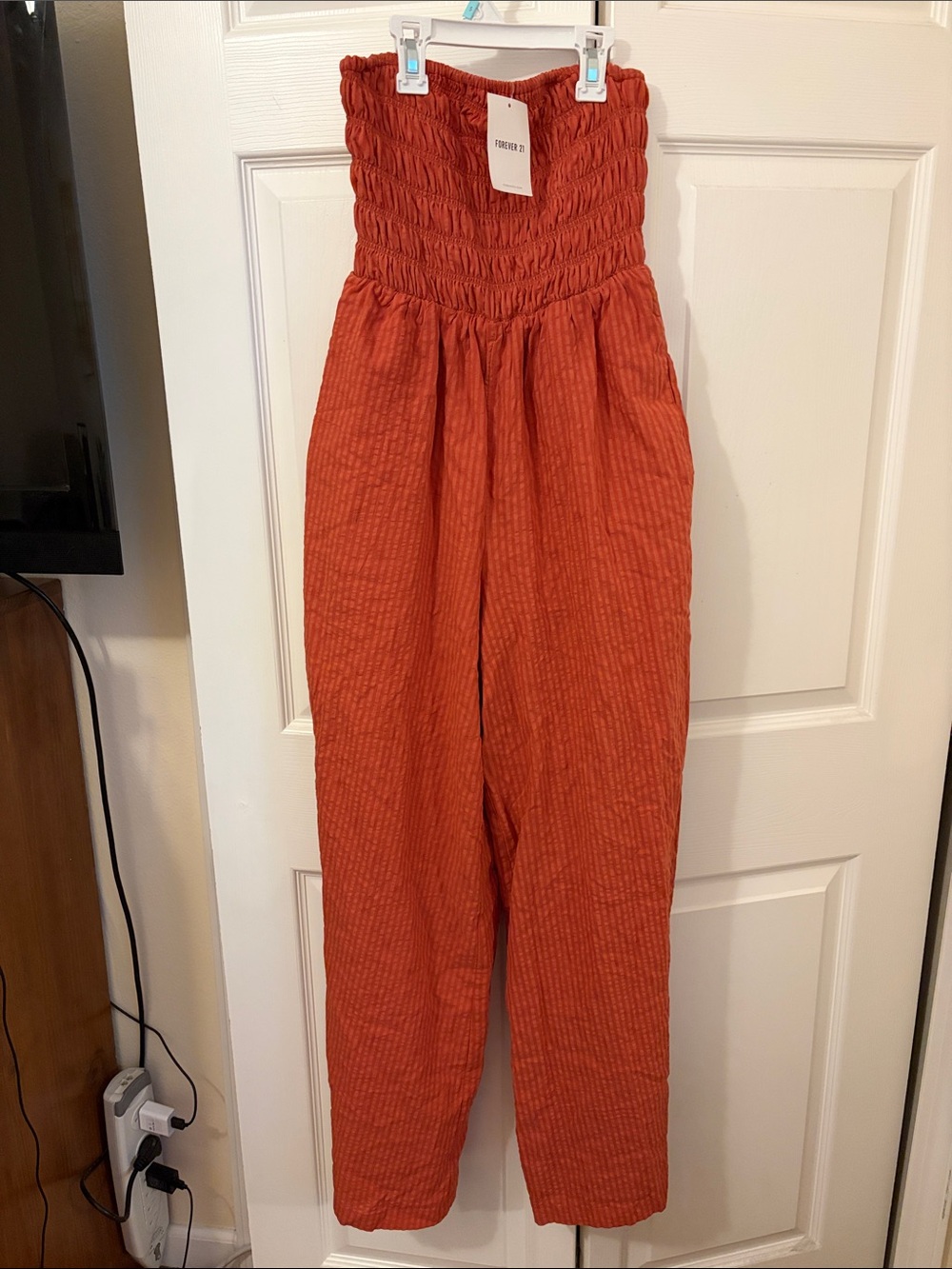 NWT Smocked High-Waist Jumpsuit Pants in Rust SMALL